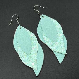 Green Faux Leather with Sequin Layered Leaf 316L Stainless Steel Hook Earrings